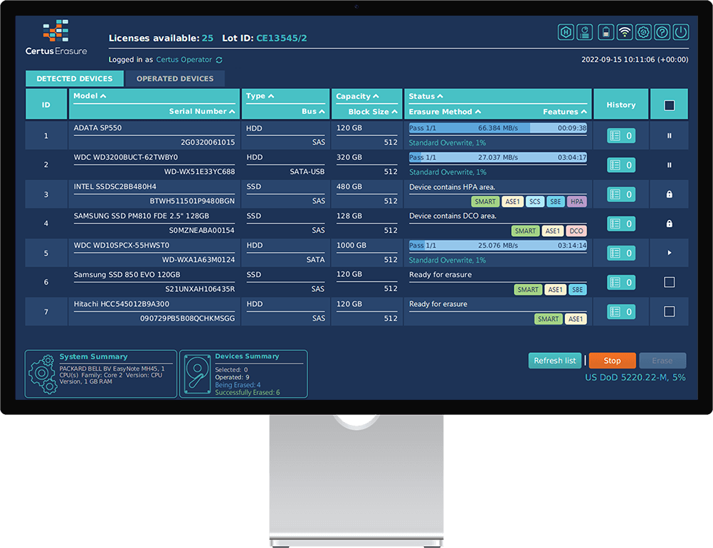 Certus Erasure operator console