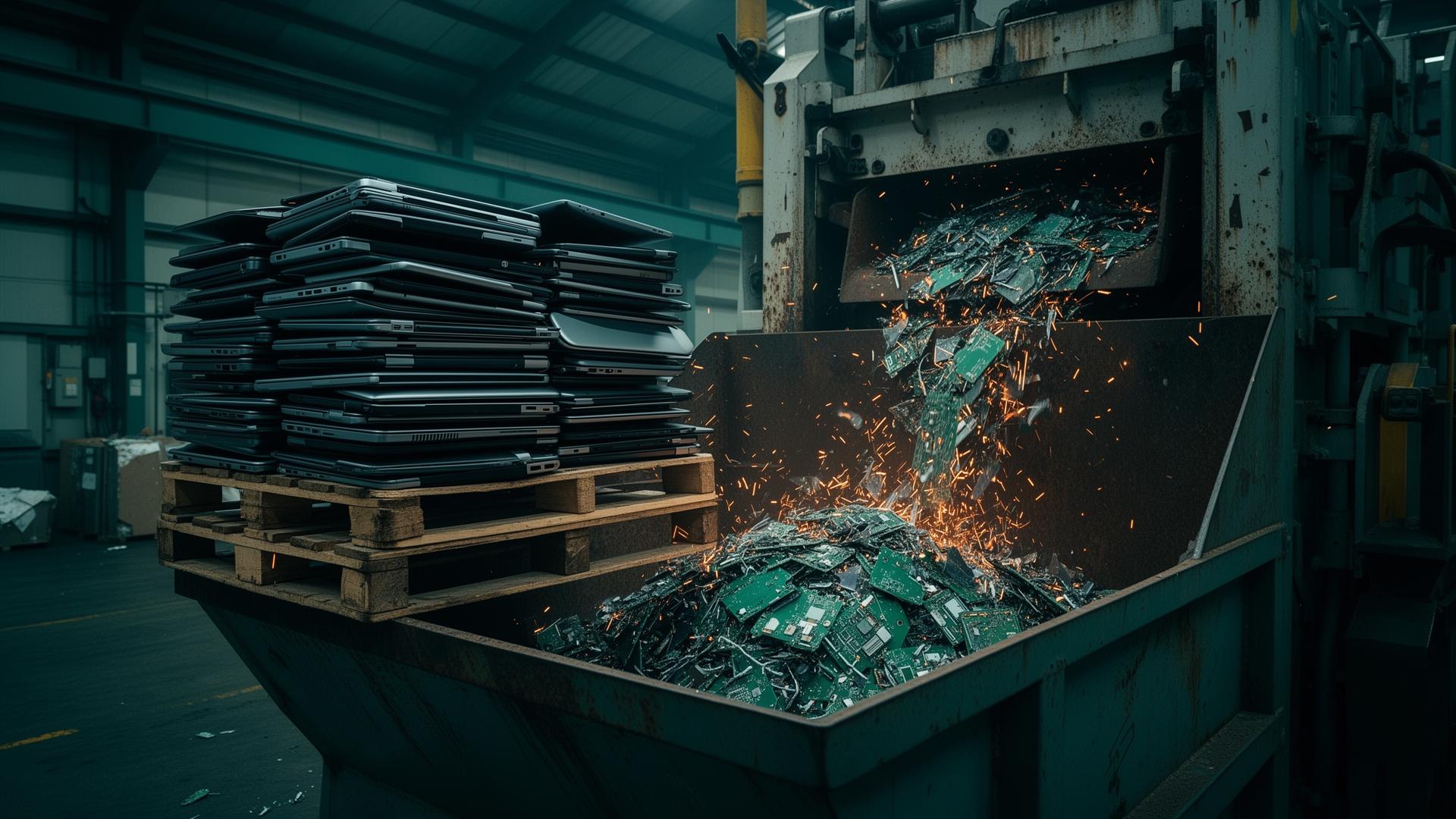 Recalled laptops beside an industrial shredder at Premier IT Disposal