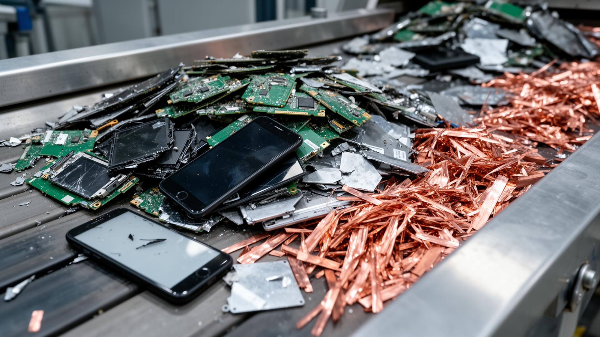 Shredded smartphones and circuit boards at a WEEE-compliant UK recycling plant